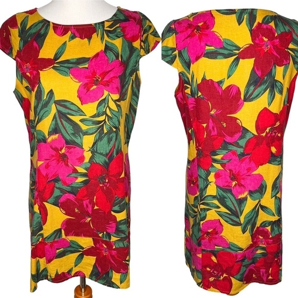For Cynthia Womens Linen Dress Size Petite Large Hawaiian Tropical Floral Print - Picture 1 of 15